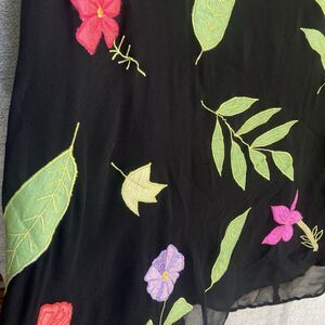 Silk Floral Embroidered Black Midi Skirt 14 Sheer Dark Romantic Cottagecore Boho